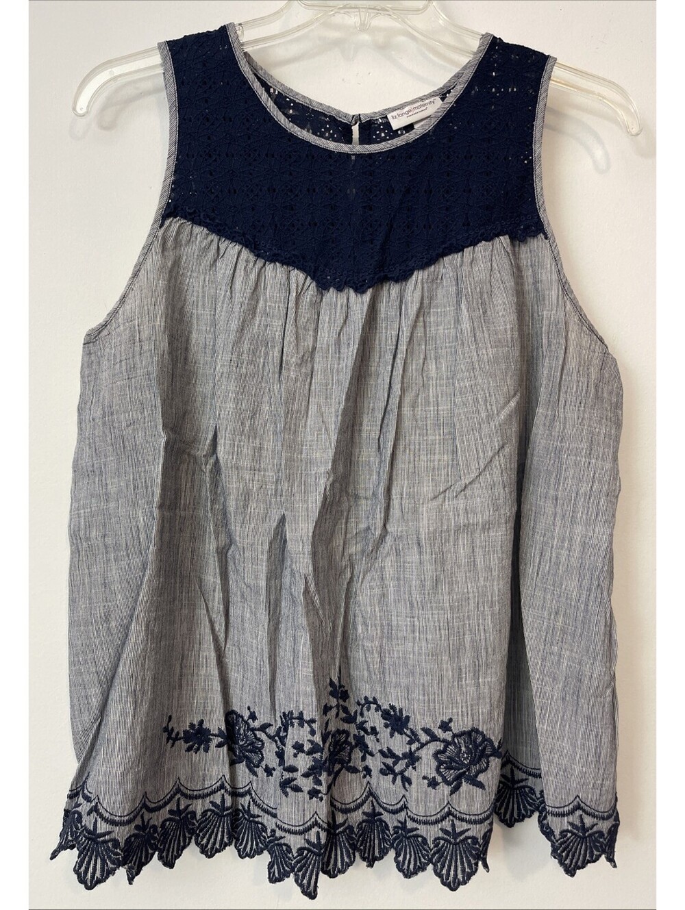 Liz Lange Maternity 2xl Blue Striped Sleeveless Embroidered Cotton Blouse! M1391